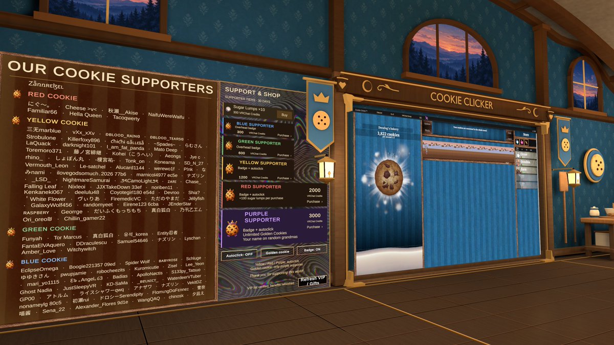 Derafog's tweet photo. So this Cookie Clicker world is Just a full AI recreation of the game right? The world itself is obviously AI, The game part seems like it's a rip that's been altered by AI to be usable in VRC. Has anyone got far enough along to tell if it has everything from the original game? https://t.co/2jokAsC09g