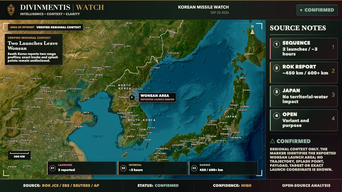 Divinmentis's tweet photo. North Korea launched two short-range ballistic missiles from the Wonsan area roughly three hours apart, South Korea's military says. Reported flight distances were about 450 km and more than 600 km before both entered eastern waters. #NorthKorea #MissileWatch #OSINT https://t.co/oJKjWC36lZ