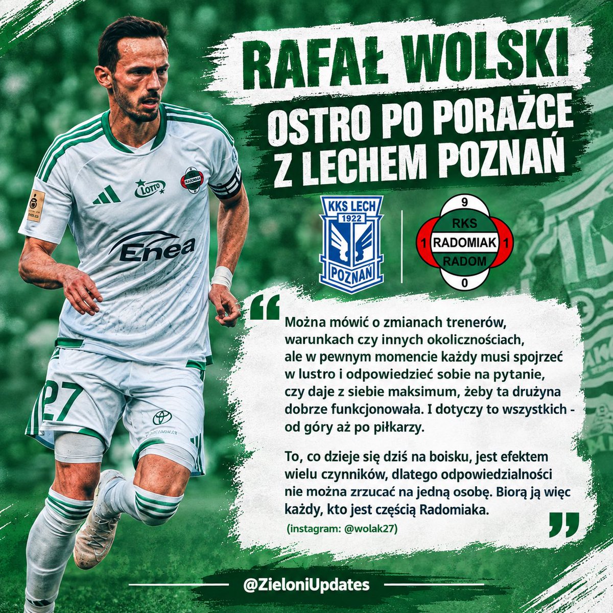 ZieloniUpdates's tweet photo. Rafał Wolski zabrał głos po porażce z Lechem Poznań.

#LPORAD #Radomiak #Radom https://t.co/SFkPbwErtB