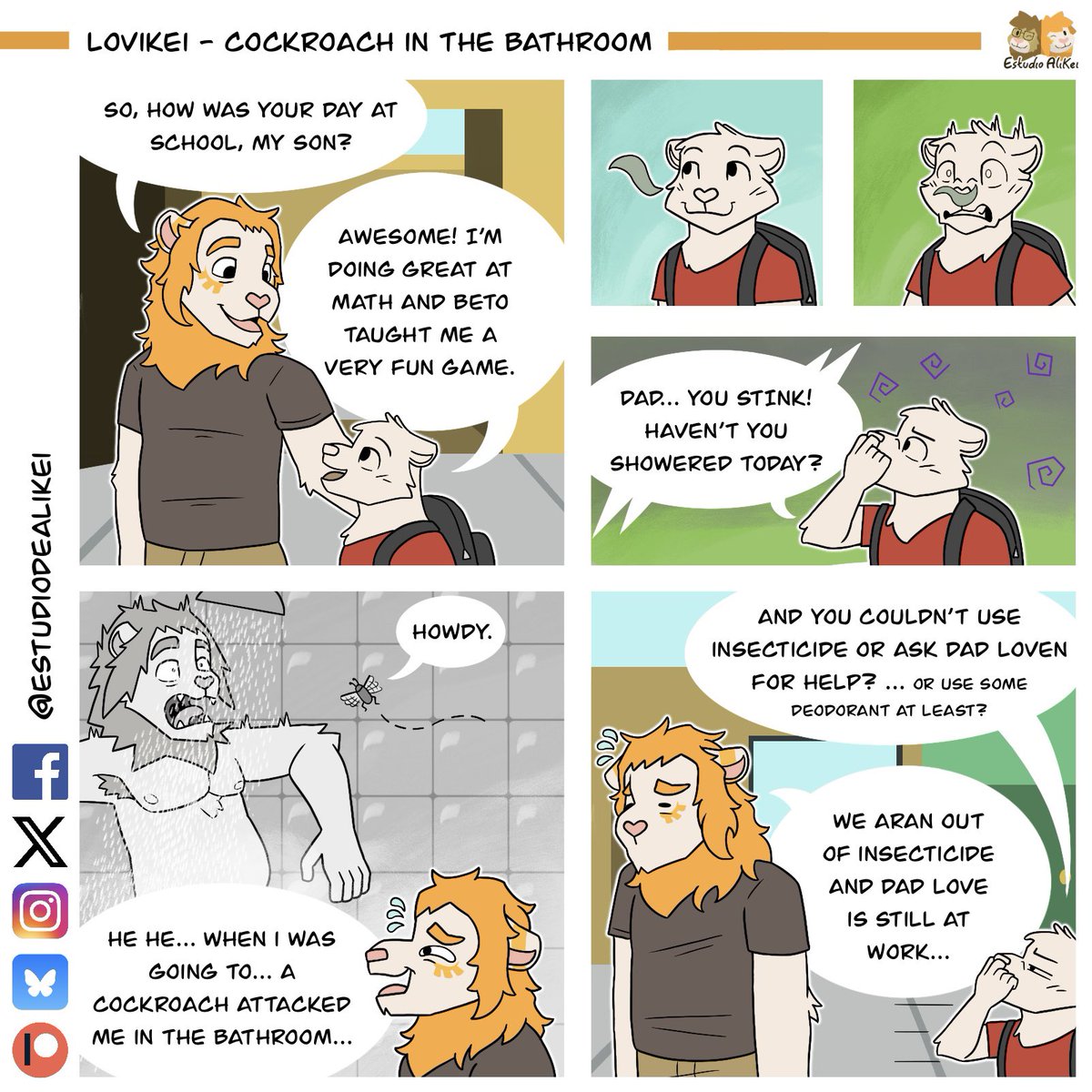 EstudioDeAlikei's tweet photo. Curiosidad sobre Ali de hoy: Le asustan las cucarachas aunque no tanto como las arañas
🦁🦁🦁❤️
Ali’s fact of today: Cockroaches scare him, not as much as spiders tho

#Estudiodealikei #Loven #Alikei #Mochi #Furry #FurryFandom #FurryComic https://t.co/PW6N1OOlef