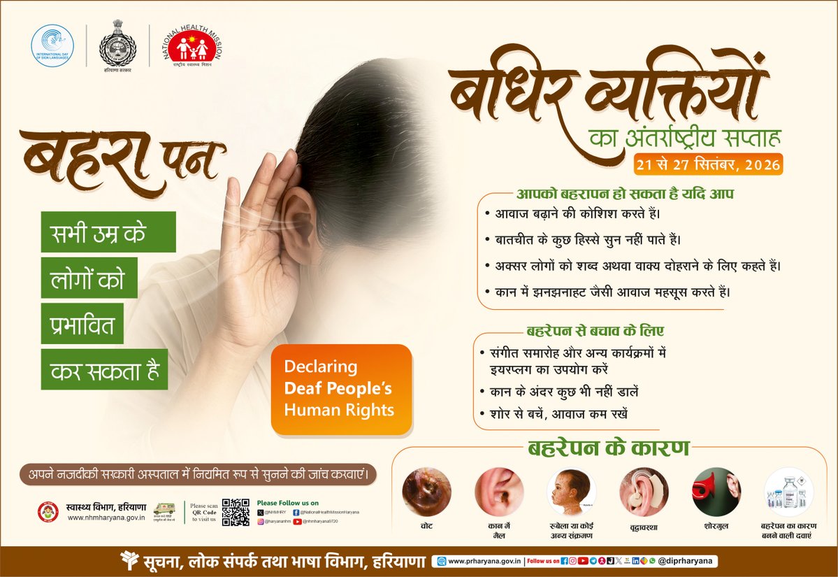 NHMHRY's tweet photo. बधिर व्यक्तियों का अंतर्राष्ट्रीय सप्ताह - 21 से 27 सितम्बर 2026 

बहरापन सभी उम्र के लोगों को प्रभावित कर सकता है।  

#HealthforAll #NHMHaryana #Deafness https://t.co/Am3ixAssrq