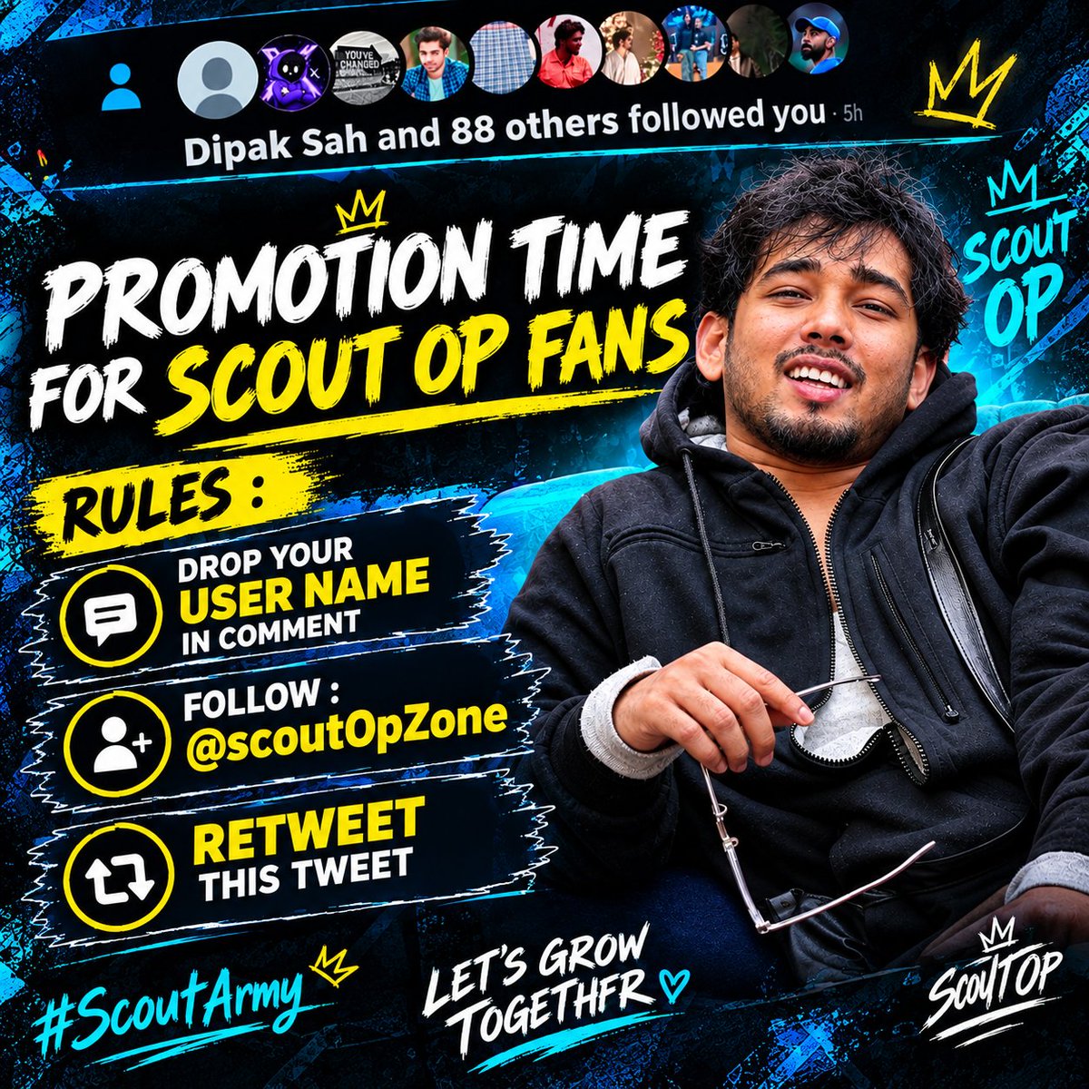 ScoutOPZone's tweet photo. PROMOTION TIME FOR #SCOUTOP FANS 

15 RANDOM SCOUT OP FANS WILL BE PROMOTED TODAY AT 3 PM! 🚀❤️‍🔥

📌 This promotion will happen daily, so keep participating

🔔 Follow @scoutOpZone 
🔁 Retweet this post.
👇Drop your username in the comments https://t.co/NowcEXTO8g