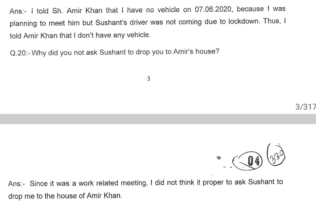 ssr4_ever's tweet photo. @rytzrahul @YouTube @CBIHeadquarters @Copsview CBI didn't ask chudail on why she wanted to meet Am!r Khan, nor why he called Chudail to his home on 7 Jun? She clearly didn' tell SSR abt it and as per her statement, she couldn't go since SSR's vehicle/ driver weren't available.  CBI didn't cross Q her or Am!r Khan. Why? https://t.co/ryWtc2tyQf