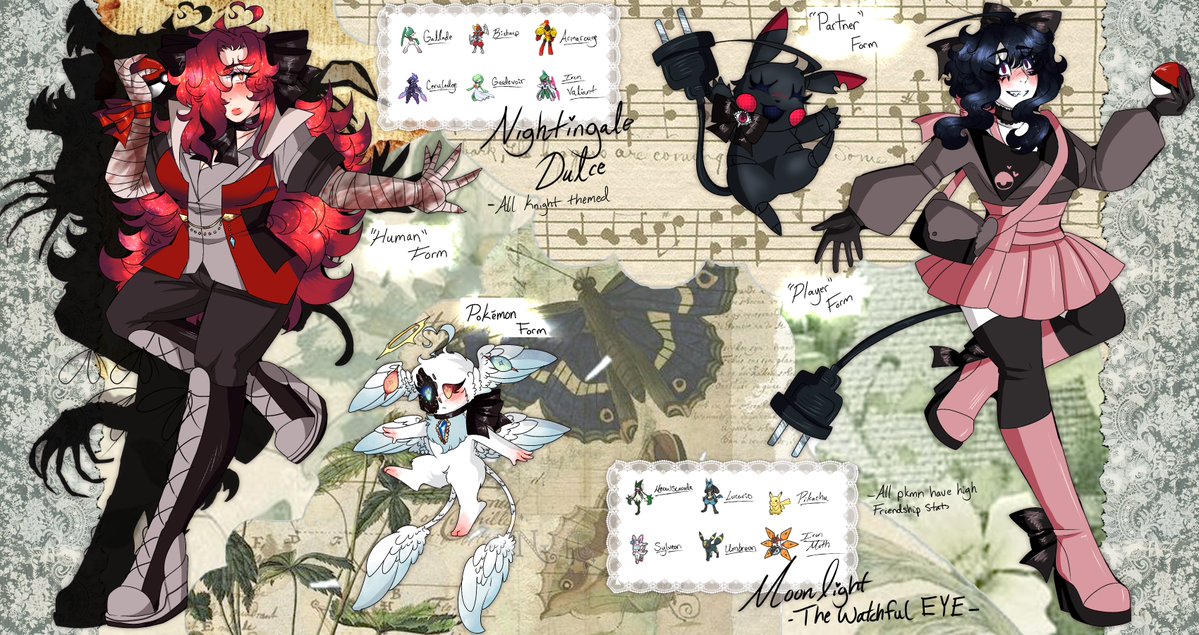 NIGHTSinDREAMS's tweet photo. PKMN AU BABYYY ✨✨✨
You haven't seen Nightingale yet but she's my babe, and an absolute MESS of a beast🥺 But yes!! Teams and outfits for their Pkmn adventures!
#pkmnoc I GUESS??? https://t.co/aq3RvnJEfC
