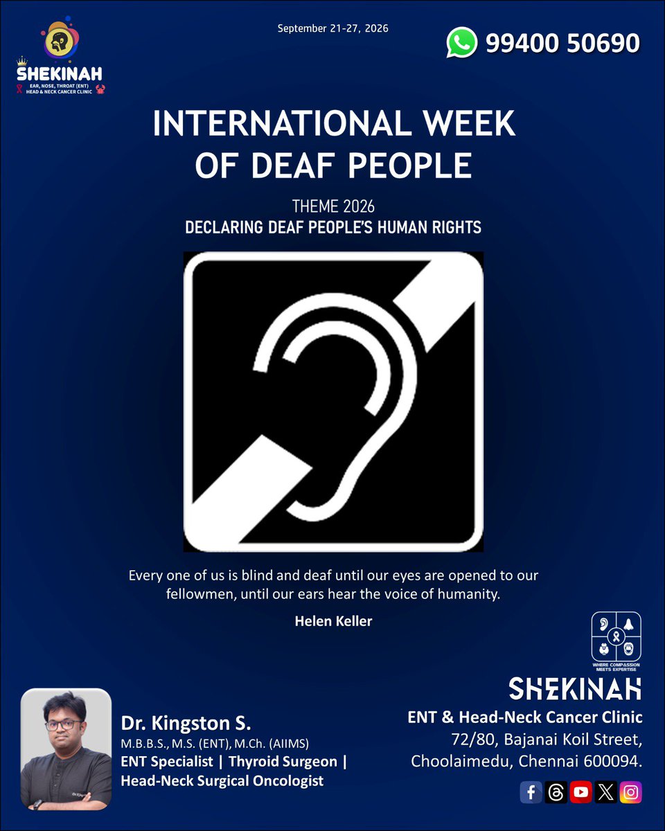 Shekinah_ENT's tweet photo. International Week of Deaf People – Sep 21-27, '26
#InternationalWeekofDeafPeople
#IWDP2026
Dr. Kingston S.
ENT & Head-Neck Surgeon,
SHEKINAH ENT & HNCC, Choolaimedu.
#ShekinahENT
#DrKingstonS
#DrKingston
#ENTsurgeon
#ENTdoctor
#ENTclinic
#ENTcare
#ENT
#KauveryHospitalAlwarpet https://t.co/3rlWY4oOG2