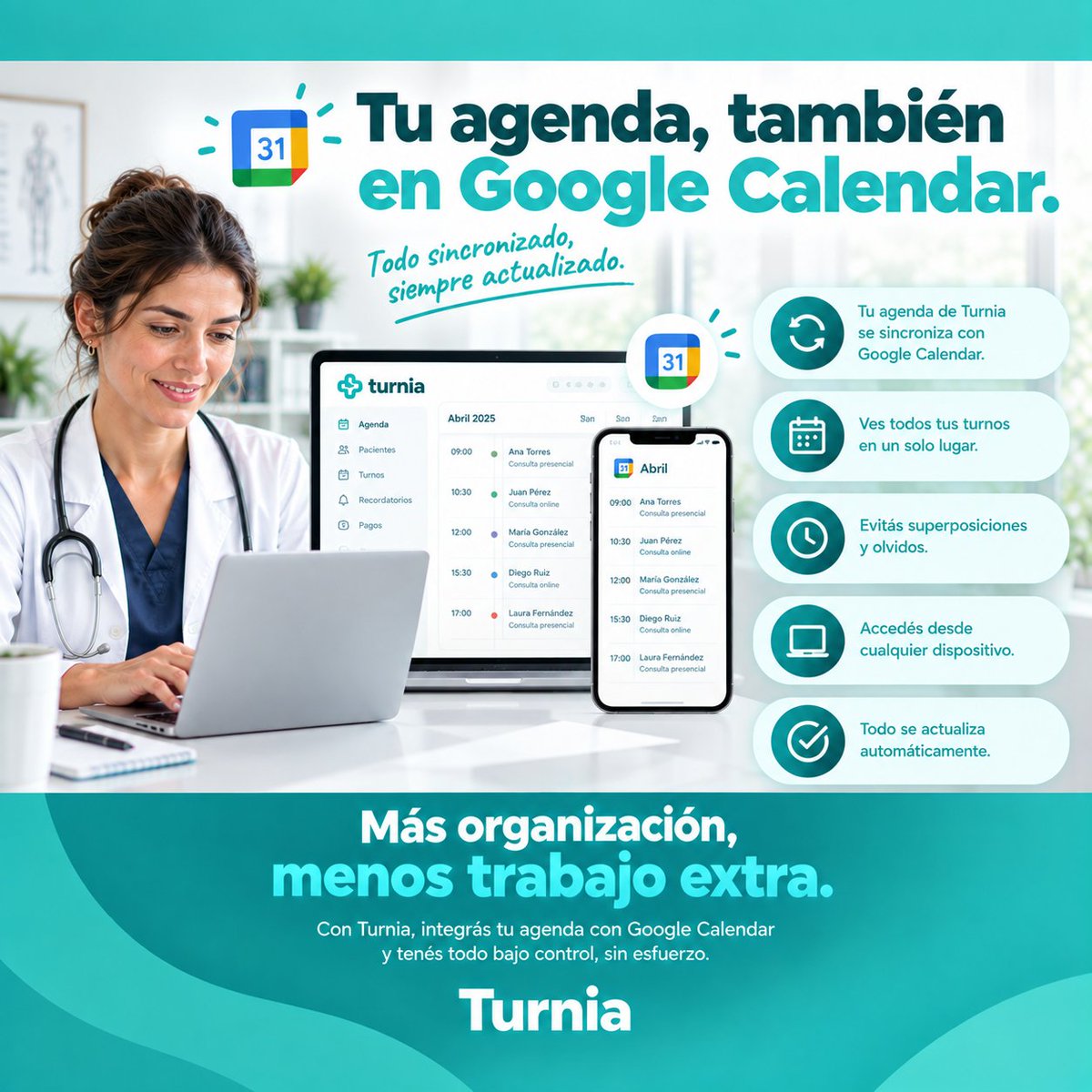TurniaApp's tweet photo. 📅 ¿Usás Google Calendar para organizar tu día? ¡Ahora podés tener todo sincronizado!

Con Turnia, podés integrar tu agenda con Google Calendar y tener tus turnos organizados y sincronizados, para consultar tu disponibilidad de una forma más simple.

https://t.co/bkXkeWfhhd https://t.co/HXF28nDfvf