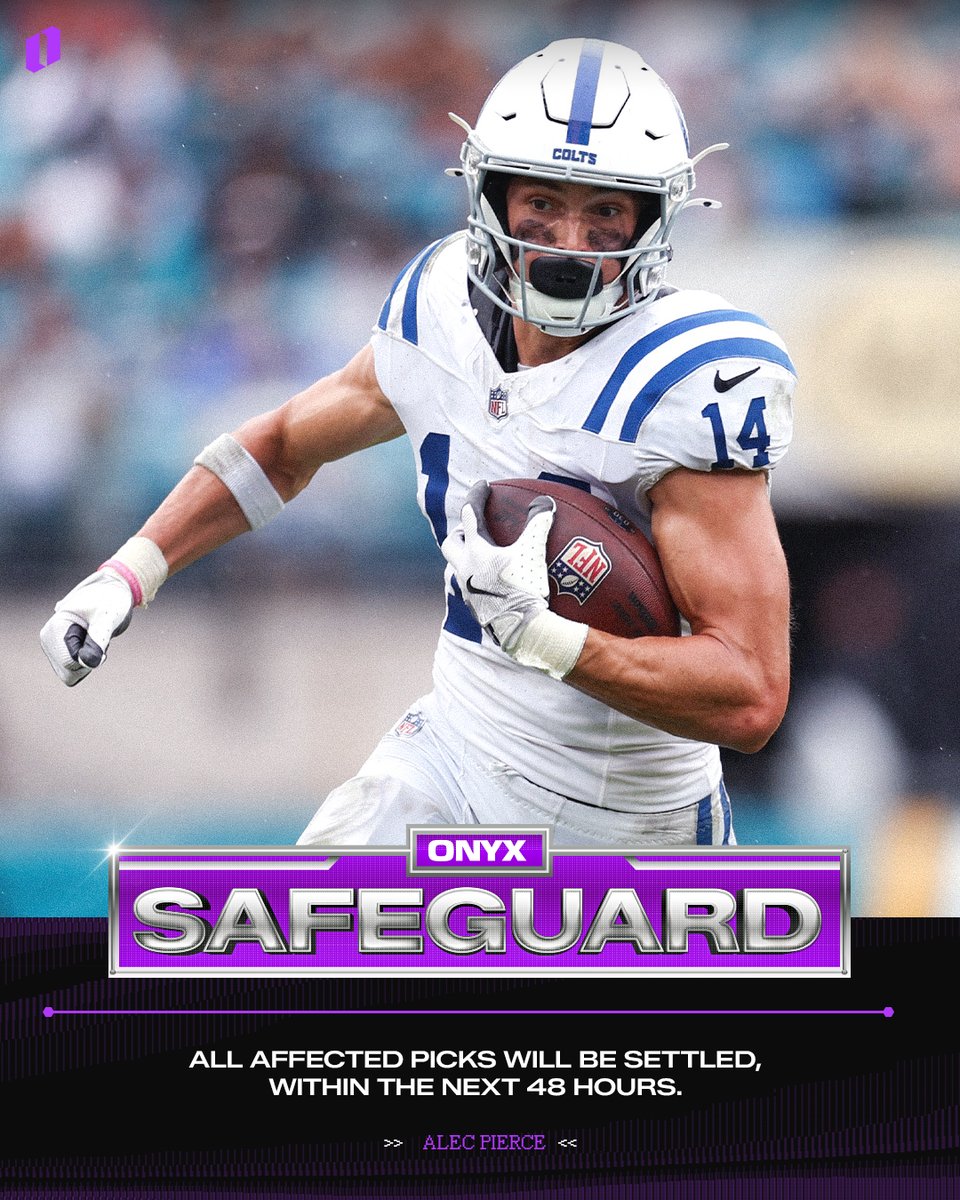 OnyxOdds's tweet photo. If Alec Pierce does not return to tonight's game vs. the Chiefs, all affected picks will be protected by Onyx Safeguard 🔐 https://t.co/BGVS0261dY