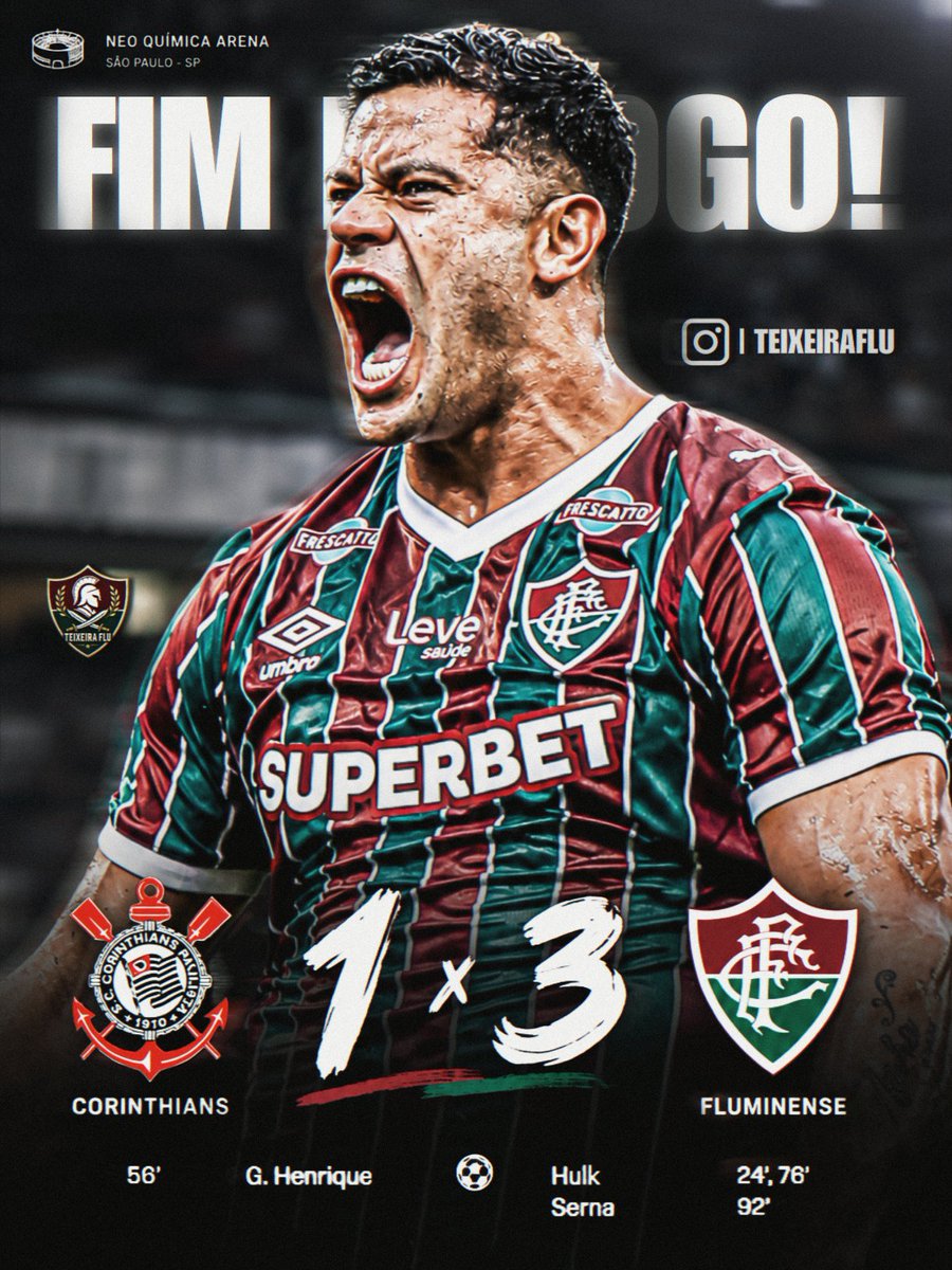 teixeiraflu02's tweet photo. 🚨 VITÓRIA TRICOLOR! 🇭🇺

O Fluminense venceu o Corinthians por 3 a 1, neste domingo (20), na Neo Química Arena, pela 28ª rodada do Brasileirão. Hulk marcou dois gols, e Serna completou o placar.

Com a vitória, o Tricolor chega aos 48 pontos e assume a 3ª colocação. 🇭🇺

#flu https://t.co/1TV5KKYRmw