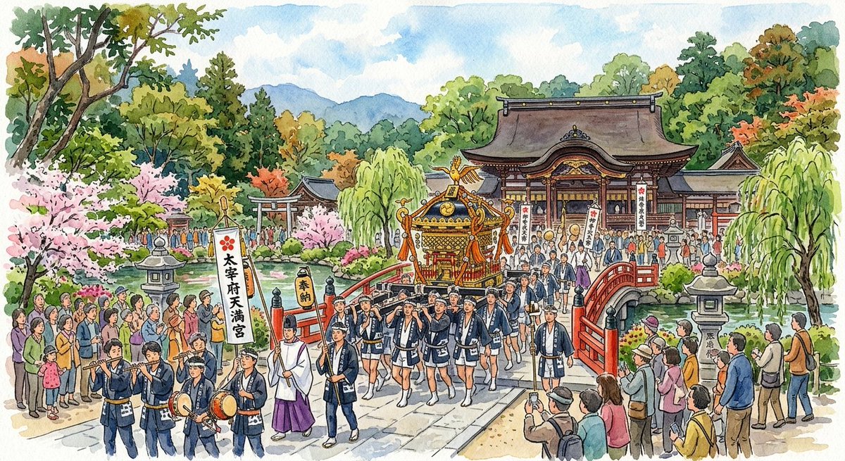 ringo_san_023's tweet photo. 本日は9月21日。
本日の世界の魔除けと祝祭は福岡県・太宰府天満宮「神幸式大祭」です。

祭りの詳細
福岡県太宰府市の太宰府天満宮では、毎年9月21日から25日にかけて「神幸式大祭」が行われます。
菅原道真公の御神霊をお慰めし、国家の平安と五穀豊穣を祈り、感謝する秋祭りです。
太宰府天満宮では最も大切な祭りの一つとされ、1101年に始まったと伝えられています。
この祭礼は、平安時代から続く伝統を受け継ぐものとして、福岡県の無形民俗文化財にも指定されています。
祭りの中心となるのは、菅原道真公の御神霊を奉安した御神輿の「神幸」です。
9月22日の夜、御神輿は太宰府天満宮を出発し、道真公が大宰府で過ごした榎社へ向かいます。
榎社は、道真公が901年の左遷後から903年に亡くなるまで過ごした場所とされています。
翌9月23日には御神霊が榎社から太宰府天満宮へ戻り、「お上り」の神事が行われます。
行列には平安装束を身にまとった人々が加わり、古代の王朝絵巻を思わせる荘厳な光景となります。
最終日の9月25日には、心字池の周辺で約1,000本の灯明をともす「千灯明」が行われ、祭りを締めくくります。
祭りの特徴時期： 9月21日～25日
 地域： 福岡県太宰府市・太宰府天満宮、榎社

その日にやる風習①：神幸式大祭始祭
9月21日15時から、太宰府天満宮の御本殿で「神幸式大祭始祭」が行われます。
ここから5日間にわたる神幸式大祭が正式に始まります。
道真公の御神霊をお慰めし、国家の平安や五穀豊穣を願う祭礼です。
その日にやる風習②：お下りの儀
9月22日の夜、御神霊を奉安した御神輿が御本殿から出発します。
平安装束の行列とともに榎社へ向かい、道真公がかつて過ごした場所へ神霊がお渡りになります。
榎社では御神霊をお迎えして献饌祭が行われ、一夜を過ごします。
その日にやる風習③：お上りの儀
9月23日には、榎社から太宰府天満宮へ御神霊がお戻りになります。
途中の浮殿でも献饌祭が行われ、その後、御本殿へと還御されます。
神様をお迎えし、ゆかりの場所へお送りし、再び神社へお帰りいただくという神幸の流れが完成します。
その日にやる風習④：千灯明
9月25日の夜には、太宰府天満宮の太鼓橋から心字池周辺に約1,000本の灯明がともされます。
水面に灯火が映り、神幸式大祭の最後を幻想的に彩ります。
「光が邪気を追い払う」といった直接的な厄除け行事ではありませんが、神聖な祭礼を光で締めくくる象徴的な行事です。

神幸式大祭は、直接的に「魔物を追い払う」ための祭りではありません。
その中心にあるのは、菅原道真公の御神霊をお慰めし、神の加護によって平安を願うことです。
そのため、魔除けの分類では「共同体守護型」の祭礼として見ることができます。
神様を神輿にお迎えし、地域の中をお渡りいただくことは、神の存在を共同体と結びつける行為とも考えられます。
道真公ゆかりの榎社へ神幸し、再び天満宮へ戻るという往復にも、神霊を丁重にお迎えし、送り、還すという構造があります。
また、神幸式に使用する注連縄は氏子によって作られ、祭礼の重要な境界を形づくります。
注連縄は日本の民俗文化において、神聖な領域とそれ以外を分ける境界の象徴です。
そして最後に約1,000本の灯明がともされ、祭礼の場を光で包みます。
「境界を守る注連縄」「神の守護を地域へもたらす神幸」「闇を照らす灯火」という三つの象徴が、この祭礼を「守護」の視点から読み解く鍵になります。
太宰府の神幸式大祭は、個人の厄を直接祓うというより、神を迎え、鎮め、共同体の平安を願う日本の守護型祭礼として紹介することができるでしょう。
#世界の魔除けと祝祭