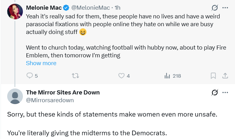 Mirrorsaredown's tweet photo. @MelonieMacMcSag I finally caught the block for pointing out how she's literally handing the midterms to the Democrats now. Guess she was never really MAGA at all. 🤷‍♂️ https://t.co/2HAJFmqSRS