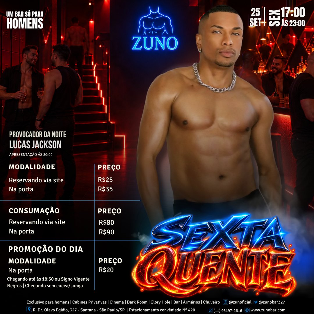 zunobar327's tweet photo. 🔥 @LuckasJackson2 te espera na SEXTA QUENTE, dia 25/09, das 17h às 23h. 
Apresentação às 20h. 
Reserve com desconto: https://t.co/1YS4lGW1PM 

#ZUNO #CruisingSP #PegaçaoSP #gaycruising #espacozn #saunagay https://t.co/Whs1CCampl