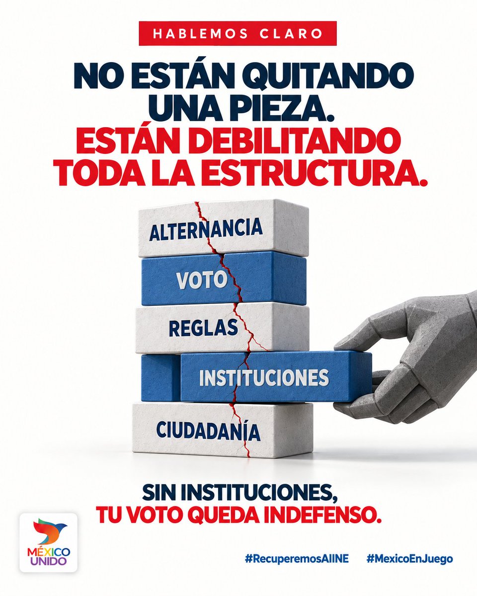 DeniseMeadeG's tweet photo. 🚨 ¡LA DEMOCRACIA SE AGRIETA!

México necesitó décadas de reformas, votos y vigilancia ciudadana para construir elecciones competitivas.

Hoy, algunas piezas comienzan a debilitarse. Lo que costó generaciones levantar puede perderse rápidamente si callamos.

⏳ La democracia no se hereda: se protege todos los días.

#RecuperemosAlINE
#MexicoEnJuego
