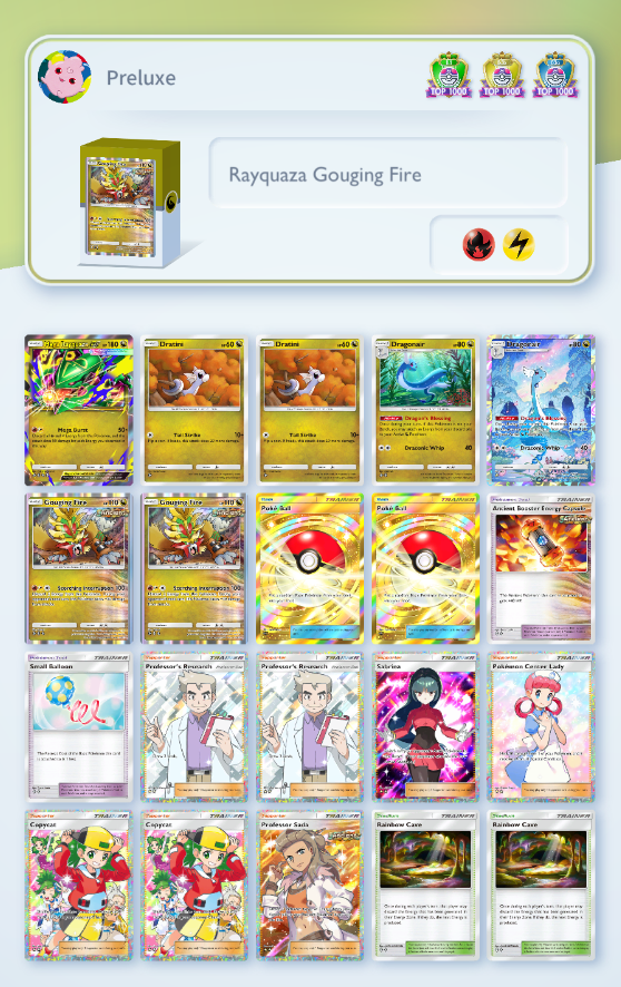 Preluxe_'s tweet photo. B4a Ranked. Best dual energy deck.  

Global #1.   

Rayquaza / Gouging Fire is still the best dual-energy deck in Pocket.
This week it took 1st and other top placements in tournaments with hundreds of players. After grinding ranked and finishing 9th in a 100+ player tournament today, this is the build I trust the most. The whole deck is a 1-1-3 game plan. You throw two 1-point Pokémon, then close with a 3-point attacker. Gouging Fire often just claims the 2 points itself, and Rayquaza finishes. 

You don’t even need Cyrus a lot of the time. Best matchup is Miraidon / Oricorio. Lucario is also very good. Hoopa just deletes this deck though, and the energy brick is real. It’s not the most consistent deck in the format. 

Still the strongest dual-energy list I’ve played, and it’s actually fun. Try it and tell me how it goes!

#ポケポケ #ポケポケデッキ紹介 #PokemonTCGPocket