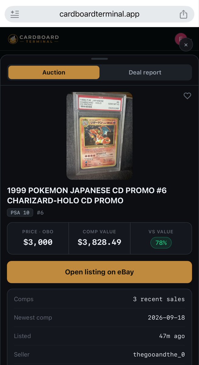 ProfPokeQuant's tweet photo. This Charizard just surfaced on Deal Finder and is live now.

Listed 30 minutes ago.

Buy it Now: $3,000.

Last sale: $4,600 only two days ago.

Yes, it’s a seller with 0 reviews.

But it does have Authenticity Guarantee.

Check it out on Deal Finder:
https://t.co/rN7l8Uo3Sp https://t.co/j0VFBWtjQp