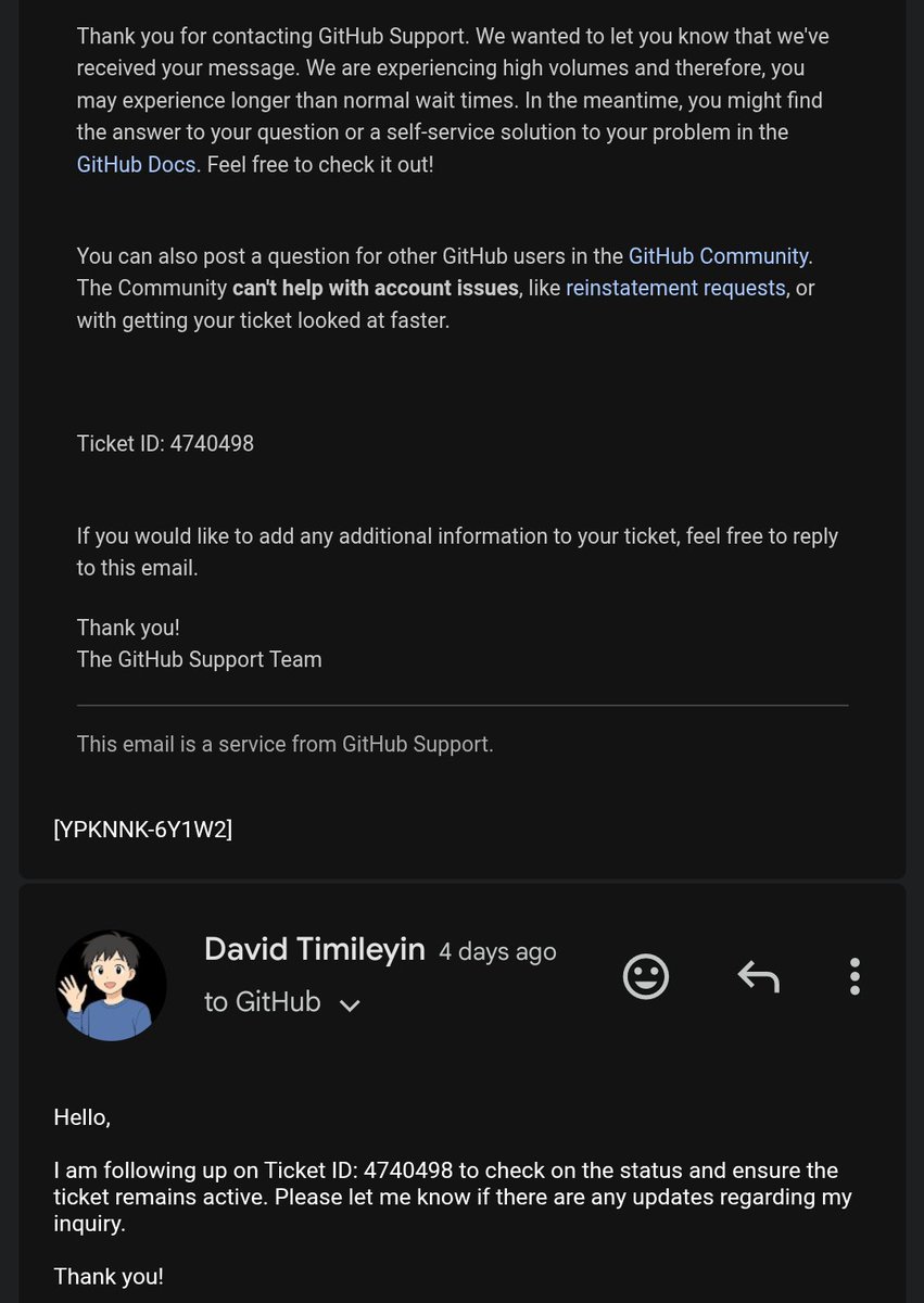 davestack_dev's tweet photo. @github @GitHub You guys plssssss 😭😭
My acct got suspended and I'm not hearing anything back.
i don't even know what i did you get my acct suspended.😭🙏🙏🙏🙏🙏
pls pls pls🙏🙏🙏
look into it I'll drop a screenshot.
my ticket ID is right there 😭😭😭
so pls https://t.co/sZVxe7EEkB
