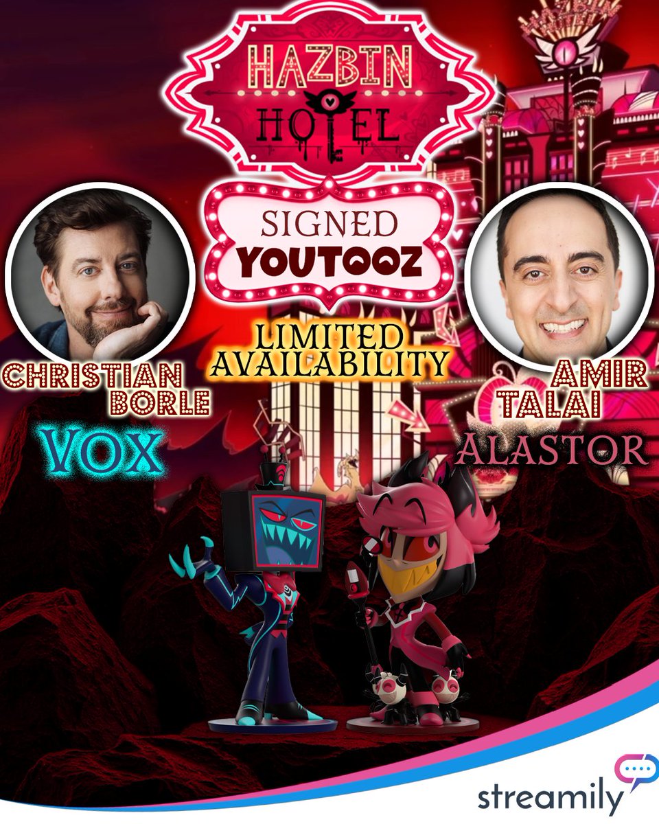StreamilyLive's tweet photo. 📺📻 VOX & ALASTOR YOUTOOZ ARE AVAILABLE TO GET SIGNED!

Hazbin Hotel fans, Christian Borle (Vox) and Amir Talai (Alastor) both have signed Youtooz options available ahead of their upcoming Streamily signings.

These are available in limited quantities for a limited time, so if Vox or Alastor is your favorite, grab yours while you can. 👀

👉 https://t.co/ioO6zuBK1C
👉 https://t.co/5ztt4VEBVc

#ChristianBorle #AmirTalai #HazbinHotel #Vox #Alastor
