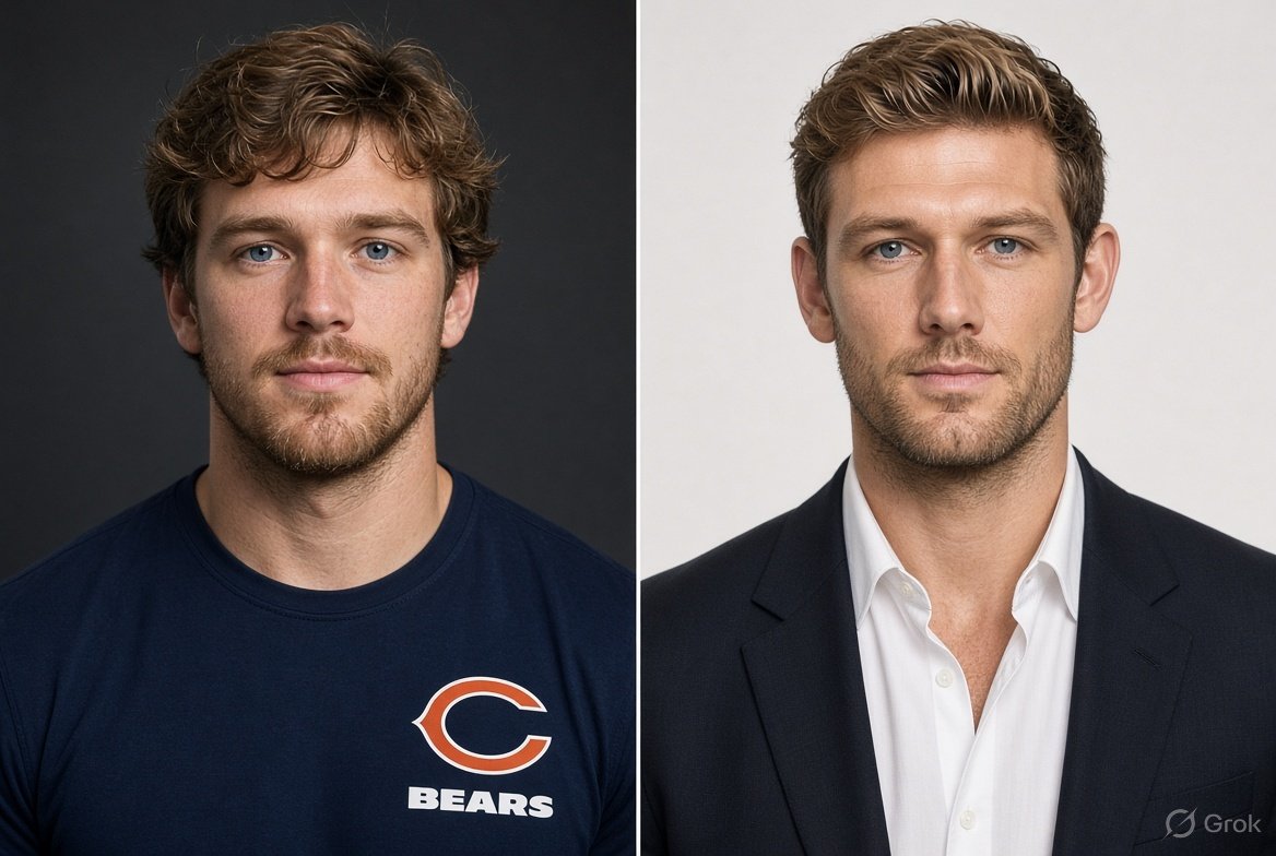 Slick_1020's tweet photo. @ChicagoBears @AdamHoge
@adamjahns 
Here's a side-by-side of Bears TE Sam Roush and actor Alex Pettyfer. https://t.co/Uizo5wHP4Z
