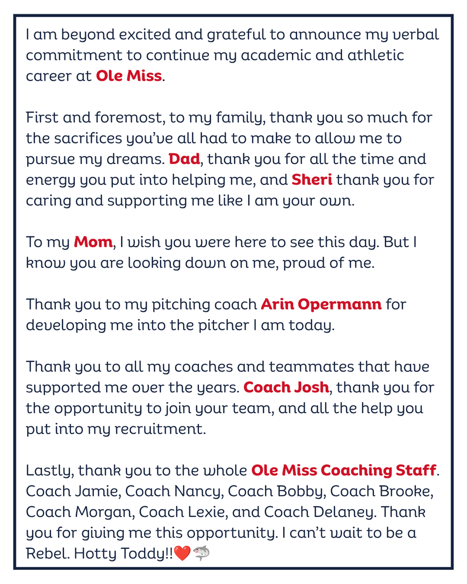 AshlynHunt42's tweet photo. HOTTY TODDY!!❤️🦈
#committed 

@OleMissSoftball @OleMiss @OleMissSports @OleMissAlumni @SEC @Jamie_Trachsel @NEvansSoftball @CoachBBuchanan @CoachMorganK @VestalBrooke @VAUnitySB @UnityCoachJosh @UnityJohnsonVB @AshVanBoxmeer4 @AnthonyBocchin4 @LineDsoftball @ExtraInningSB @SoftbalAmerica @THEWOWSB @D1Softball @Rule42sports @DiamondAddicts @PrepSoftball @Level_Up_FP @CMHFastpitch