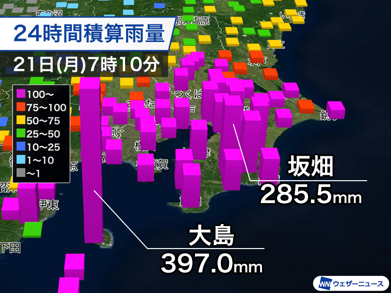 wni_jp's tweet photo. 【今夜にかけて雨量さらに増加】
伊豆諸島の大島で24時間雨量が400mmに迫り、千葉県内でも200mm以上の大雨となっています。台風が最接近する今夜にかけて雨風が強まり、局地的には1時間に80mm以上の猛烈な雨となるおそれがあります。土砂災害などに厳重に警戒してください。
https://t.co/IJkdHDKDE3 https://t.co/duPiC27MgE