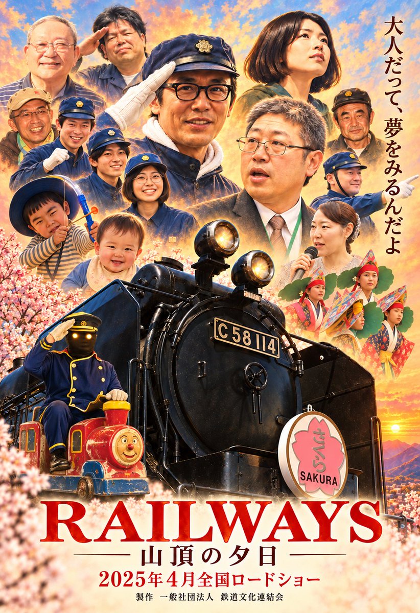 c58project's tweet photo. 【ビジュアルポスター解禁！】
映画「RAILWAYS 山頂の夕日

東北の小さな田舎町・岩出山。
そこに保存されてきたSL「シゴハチさん」は荒廃が進み解体されることに。

しかしそこにはシゴハチさんを守ろうと立ち上がった人々の姿があった—

※この話は史実ですが映画化はフィクションです https://t.co/ILVnUS13SA