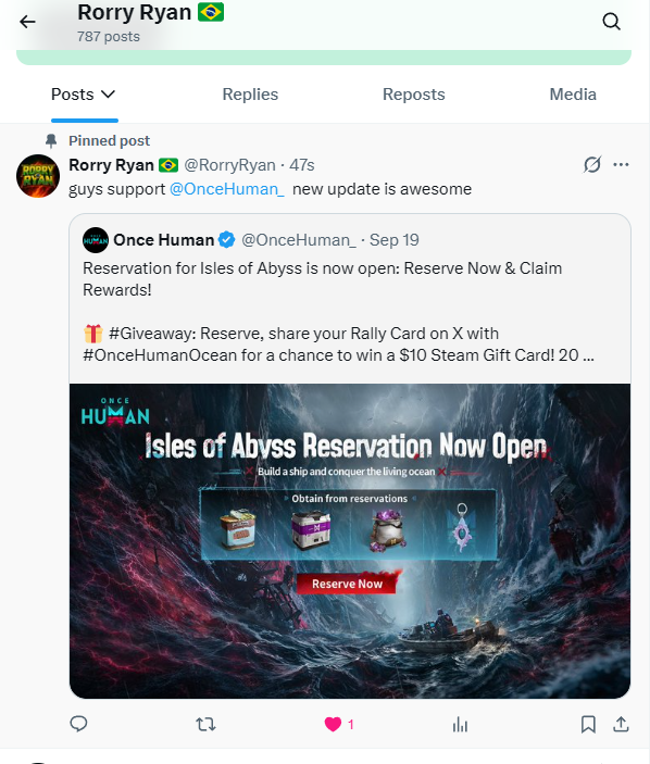 RorryRyan's tweet photo. @OnceHuman_ Reposted and quoted the post, pinned it to my profile, and wrote a short poem about the event

@OnceHuman_ ⚔️Isles of Abyss🌊

The ocean awakens
The fearless rise
Build your ship
Conquer the abyss
Reserve now claim your rewards and rule the living sea

#OnceHumanOcean https://t.co/pHIcUsqIEB