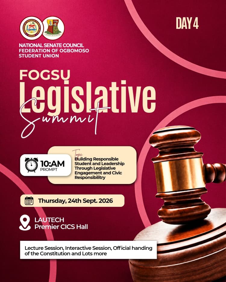 GTMMedia369's tweet photo. FOGSU Legislative Summit 2026 — Day 4

Ideas must meet responsibility.

Theme: Building Responsible Student and Youth Leadership Through Legislative Engagement and Civic Responsibility.

24 Sept. | 10 AM
LAUTECH Premier CICS Hall

#FOGSU2026 #GTMMedia https://t.co/cr66sICY23