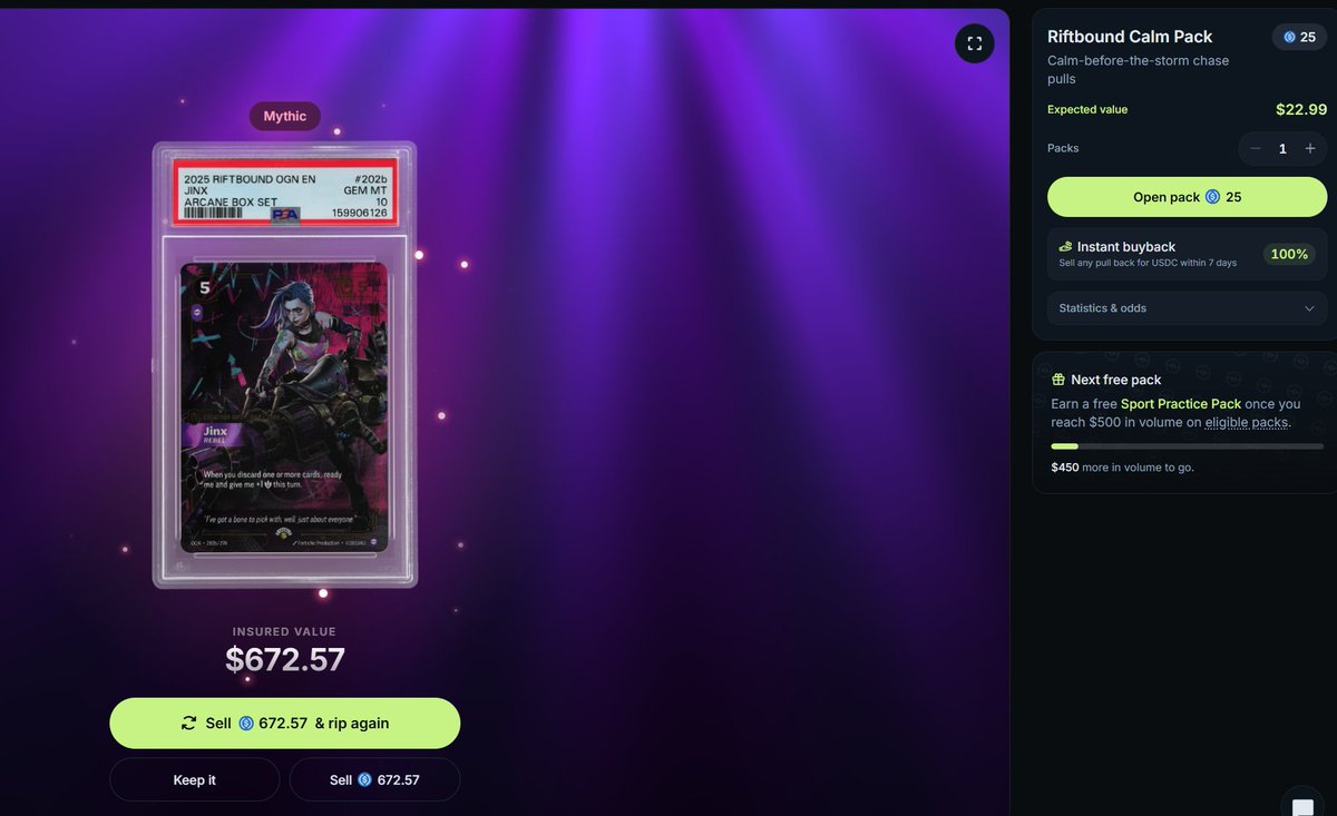 SpuddyA7X's tweet photo. Just opened a $25 riftbound pack on @JupiterExchange and pulled a mythic?

Bro what. https://t.co/sgsEY1OmK2