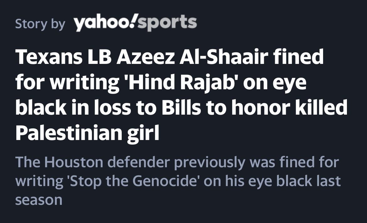 preston_terry_'s tweet photo. The NFL embraced “Say Their Stories” when it came to its players protesting Black people killed by the police, but it will fine players tens of thousands of dollars for saying the stories of Palestinian children killed by Jews. https://t.co/xB5eDwzraG