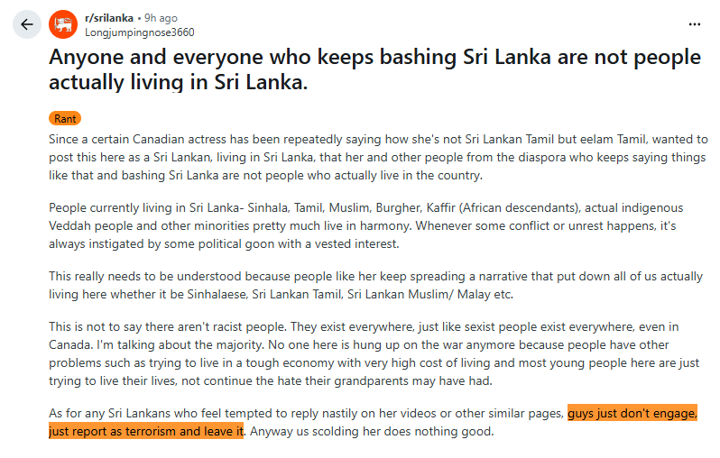 TheNextWave03's tweet photo. Sri Lankans want to report Maitreyi talking about her Eelam Tamil identity as terrorism.

How are these people any different from Israelis? They're clearly as pathetic. https://t.co/sHtJjLV99Q