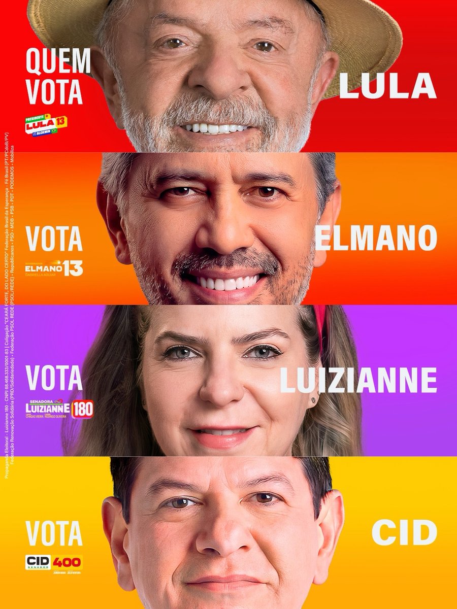 LuizianneLinsCE's tweet photo. Quem vota no Lula, vota no time completo que já fez e vai fazer muito pelo povo do Ceará! 

O Ceará forte e do lado certo é Lula 1️⃣3️⃣, Elmano 1️⃣3️⃣, Luizianne 1️⃣8️⃣0️⃣ e Cid 4️⃣0️⃣0️⃣ ✅

___

Propaganda Eleitoral - Luizianne 180 - CNPJ 68.468.333/0001-83 | Coligação “CEARÁ FORTE, DO LADO CERTO” Federação Brasil da Esperança - Fé Brasil (PT/PCdoB/PV) • Federação Renovação Solidária (PRD/Solidariedade) • Federação PSOL REDE (PSOL/REDE) • Republicanos • PSD • MDB • PSB • PDT • PODEMOS • Mobiliza