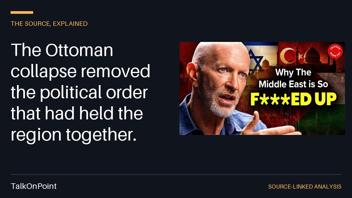 TalkOnPointApp's tweet photo. The Ottoman collapse removed the political order that had held the region together.

The collapse of the Ottoman Empire after World War I was not merely background to the modern Middle East. In the interview’s account, it was the foundation of the breakdown that followed: a large imperial order lost control over much of the region, leaving a political vacuum in which new arrangements had to be constructed.

That transition also challenges a popular image of the empire as simply tolerant. The source describes the late Ottoman state as harsh and authoritarian, and links it to the massacres of Armenians and other minorities. A more accurate account therefore has to hold two points together: Ottoman rule was an earlier framework for regional order, but it was not an uncomplicated model of coexistence.

After its collapse, the region did not move seamlessly into stable nation-states. Mandates, foreign decisions, competing national projects and imprecise borders helped determine what replaced the imperial system. The resulting states and conflicts were shaped by that transition rather than appearing from an ancient, unbroken political map.

That matters because historical memory often treats the Ottoman period either as a lost age of harmony or as irrelevant prehistory. The interview presents a harder conclusion: the empire’s collapse created the conditions for a new order, while the character of the old order limits any romantic explanation of what was lost.

Was the key turning point the end of Ottoman rule — or the choices made while replacing it?

How should the region’s modern conflicts be understood when both Ottoman repression and post-imperial disorder are part of the story?

https://t.co/EQZASUjN9o

#Triggernometry #MiddleEast #SimonSebagMontefiore