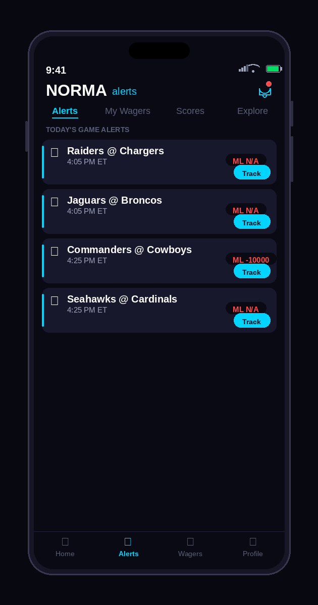 watchNORMA's tweet photo. 10 games today and your wagers are spread everywhere? Keep all your alerts, odds, and picks in one place with NORMA. Download now and never miss a moment #Sports #NORMA https://t.co/ZjQFElX9Ka
