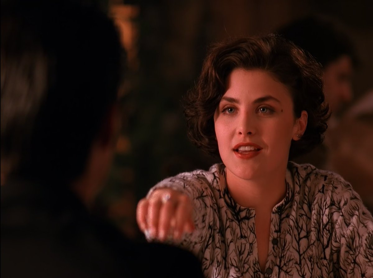 RickSakai2's tweet photo. Love this small moment in Twin Peaks ep. 2. Audrey acts composed, almost adult, and Cooper reads her that way, until she shows him her ring, asking if he likes it, a very teenage thing to do. You see it on his face: he realizes she's just a kid, and pulls back quietly. https://t.co/ZlofvBwqdC