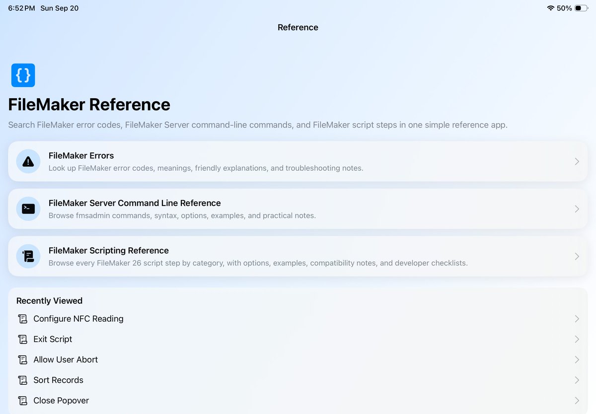 hindsmithcom's tweet photo. Our free FileMaker reference app just got a big update.

If you're a FileMaker nerd, go get it. Always open to suggestions.

https://t.co/qpl0fTR7py https://t.co/a3Kb1newfw