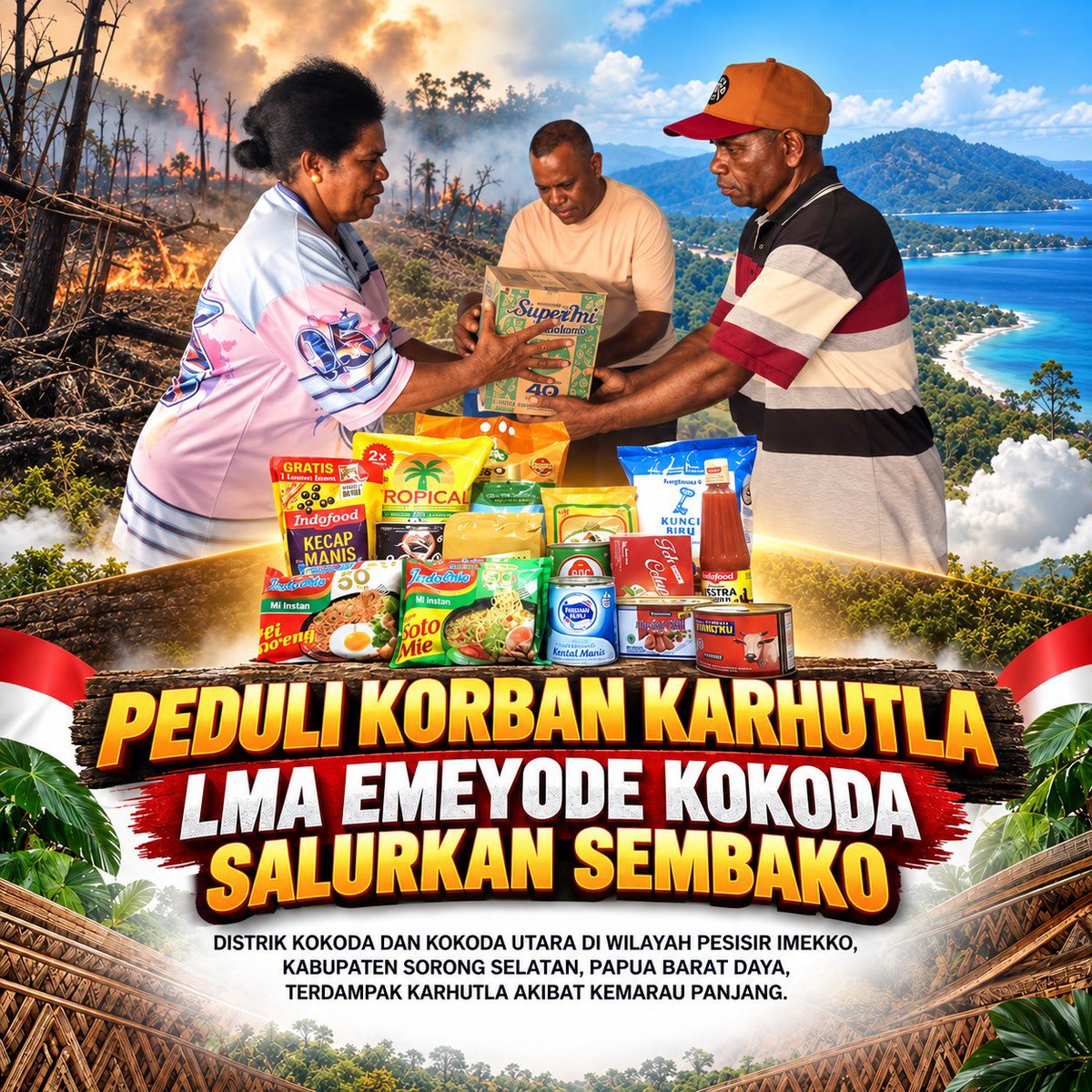 PapuaRealToday's tweet photo. Ketua LMA Emeyode Kokoda Kabupaten Sorong Selatan, Hengki Gogoba, menyalurkan bantuan sembako kepada masyarakat di Distrik Kokoda dan Kokoda Utara, wilayah pesisir Imekko, yang terdampak karhutla akibat kemarau panjang.

#Karhutla
#LMAEmeyodeKokoda
#InfoPapua https://t.co/BkATlFo90Y