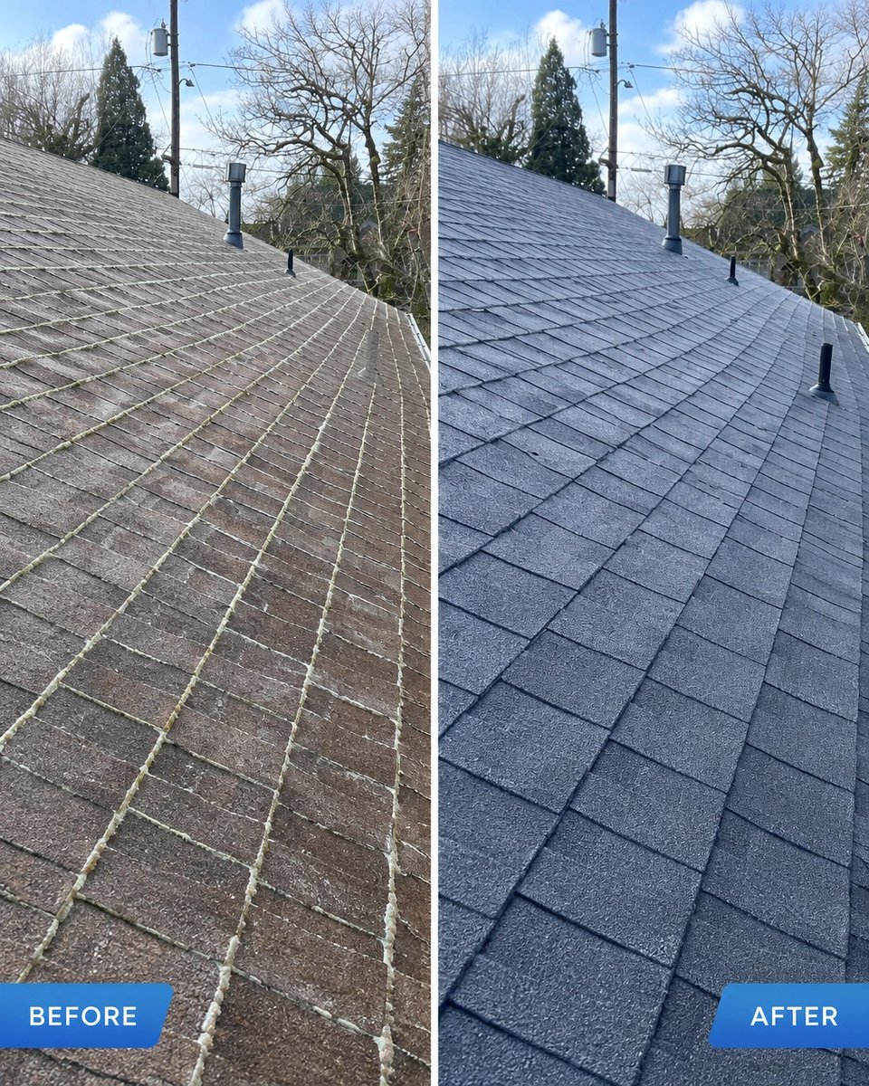 SoftwashPdx's tweet photo. Early-fall Tigard/Portland+ roof wash: low-pressure, plant/shingle-safe. Roof 24-month (2-year) &amp; house wash 12-month (1-year) No Green Growth Guarantees; 30-day Gutter Cleaning Guarantee; 100% Satisfaction Guarantee. Free quote https://t.co/YEa2QIEy3J