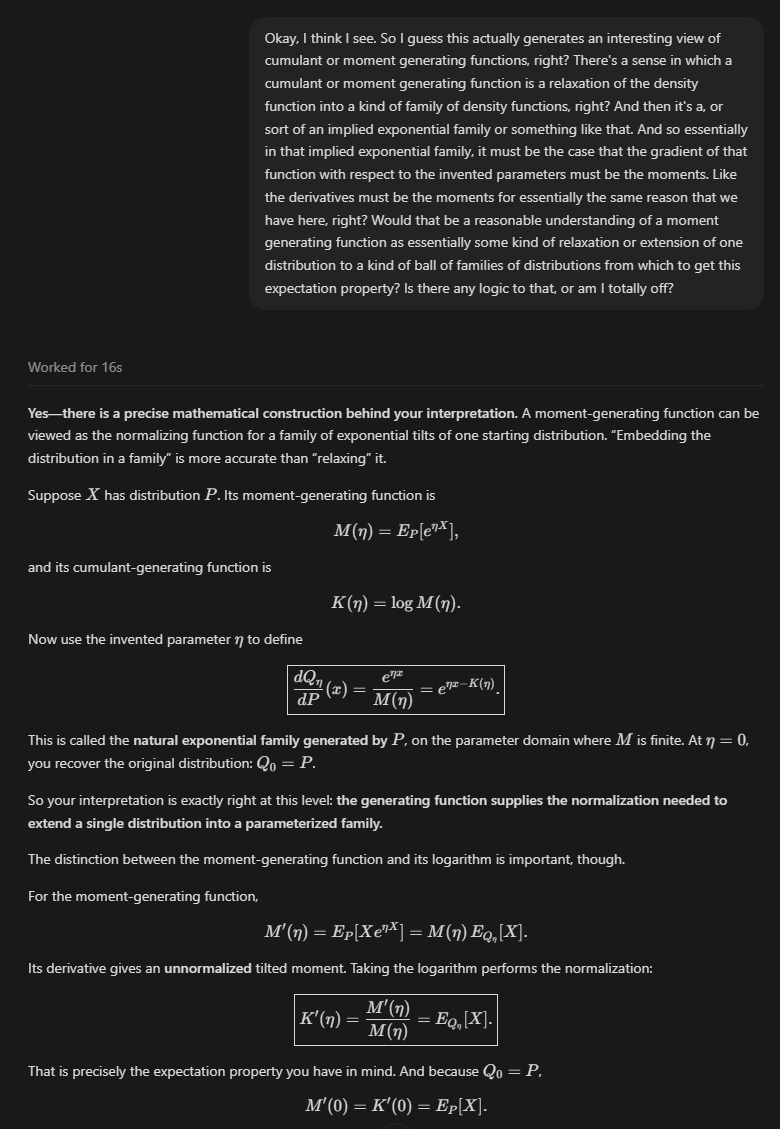 alz_zyd_'s tweet photo. There's really no point reading math textbooks any more. Say you want to learn about moment generating functions and their link to exponential families; it's just a query away https://t.co/dz7ULtgBoP