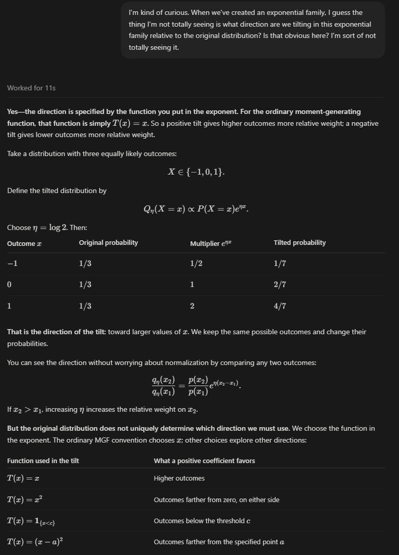 alz_zyd_'s tweet photo. There's really no point reading math textbooks any more. Say you want to learn about moment generating functions and their link to exponential families; it's just a query away https://t.co/dz7ULtgBoP