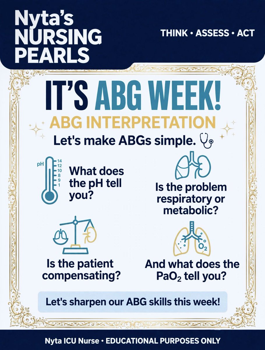 NytasPearls's tweet photo. 🩸 ABG WEEK IS COMING!

ABGs can look like a bunch of numbers—but once you know where to start, the pattern becomes much easier to see. 👀

This week, we’re breaking ABGs down step by step, from the basics to compensation..

💎 Let’s make ABGs simple.

#ABG #NursingEducation https://t.co/YZXSVPPXTK
