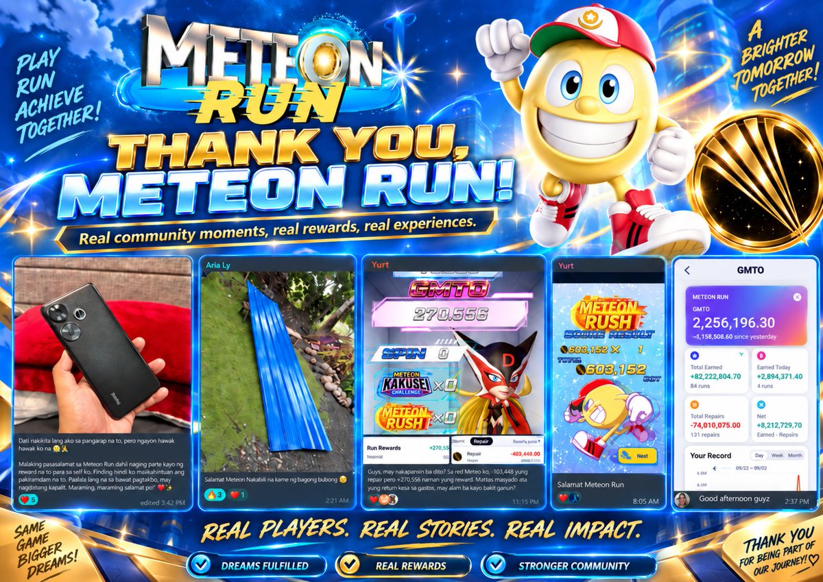 meteon_run's tweet photo. 💙 THANK YOU, METEON RUN COMMUNITY! 💙

Behind every run is a story — and some of those stories have become real-life milestones. 🏃‍♂️✨ From community members sharing their achievements, to buying something they had been dreaming of, improving their homes, and celebrating their progress inside Meteon Run, these moments remind us why this community is special.

To everyone who has played, supported, shared feedback, invited friends, and stayed with us throughout the journey — thank you for being part of Meteon Run. 🙏

Your screenshots, stories, and messages mean more than just numbers. They represent the time, effort, and memories we’ve built together.

🌟 Amazing players. Amazing stories. A brighter tomorrow.

This journey continues, and we’re excited to see what milestone comes next. 💫

THANK YOU, RUNNERS! 💙🏃‍♂️
#MeteonRun #MeteonCommunity #ThankYouRunners #Web3Gaming #GameFi