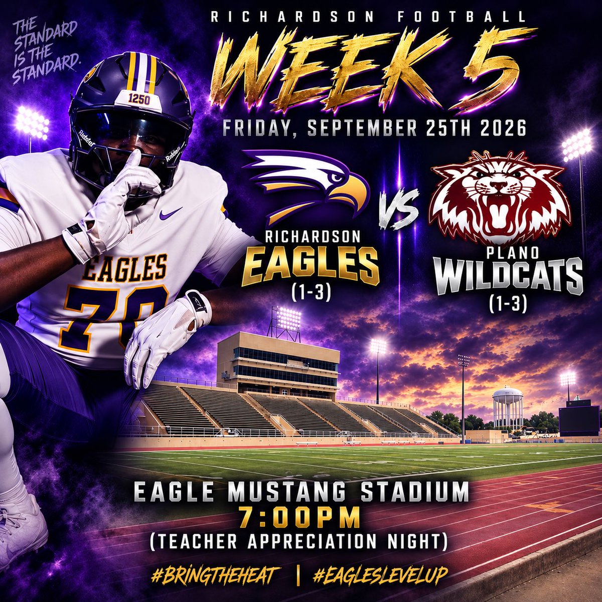 Richardson1FB's tweet photo. WEEK 5 ๐ฆ
FRIDAY NIGHT LIGHTS.
Richardson Eagles (1-3) vs. Plano Wildcats (1-3)
Friday, September 25th
Eagle Mustang Stadium
7:00 PM
Teacher Appreciation Night
#BRINGTHEHEAT #EAGLESLEVELUP https://t.co/00Xnmzotfk