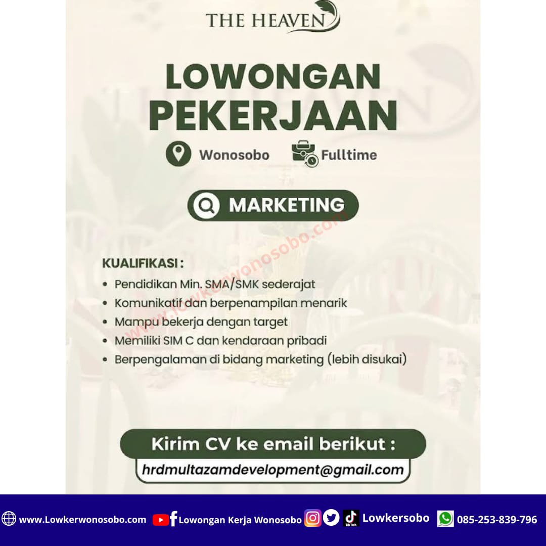 LowkerSobo's tweet photo. Lowongan Kerja Di The Heaven

Untuk Posisi Sebagai : Marketing

Cara Melamar :
Silahkan kirimkan lamaran kerja anda via email ke : hrdmultazamdevelopment@gmail.com

#loker #fyppppppppppppppppppppppp  #infoloker #kerjaan #lokerterbaru https://t.co/lm6SfTZASD