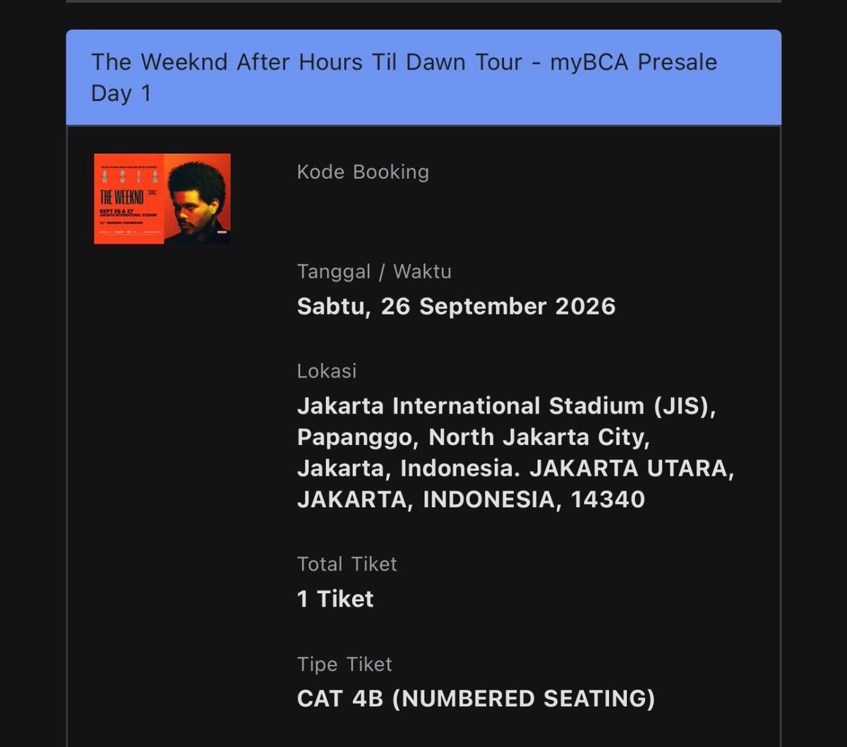 SenaraiRuai's tweet photo. [ Retweets are greatly appreciated!🤍 ]

WTS The Weeknd After Hours Til Dawn in Jakarta

1 tix cat 4b d1 door 121 sn 60
1.800.000 (underprice web)

- boleh banget nyicil
- diurus sampai fisik (bonus air mataku 🥀)

#WTB #WTS #THEWEEKND #zonauang https://t.co/jPYpMOUp6E