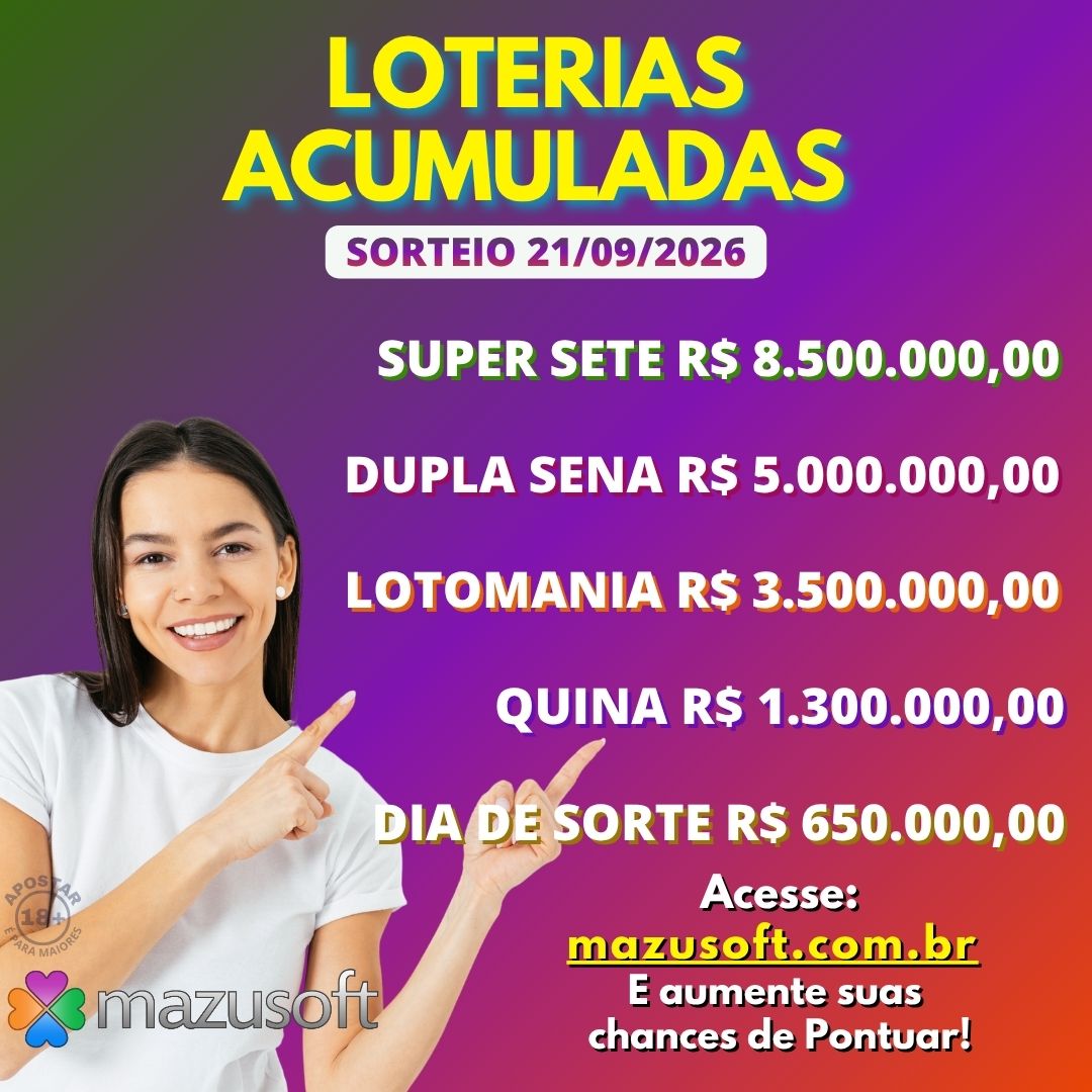 MazuSoft1's tweet photo. Acumuladas com Sorteio dia 21/09/2026

Lotomania, Quina, Super Sete, Dupla Sena e Dia de Sorte

Acesse o Site para consultar o Comportamento das dezenas, e as Ferramentas de Análise Estatística e Geradores.

#acumuladas #lotomania #quina
#supersete #duplasena #diadesorte https://t.co/qzAKmdv4Z1