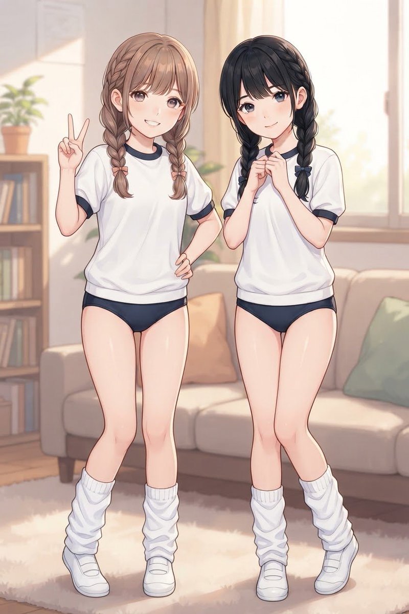 UniLabo3535's tweet photo. そして、初めてルーズソックスをはいた二人。（乙女）初めてルーズソックス履いてみたよ☺️ いつも紺ソックスだから、なんだか足元がふわふわして不思議な感じ……。ちょっと照れるけど、こういうのもかわいいね。えへへ。#ブルマ　＃ルーズソックス https://t.co/WFSGiabrJl
