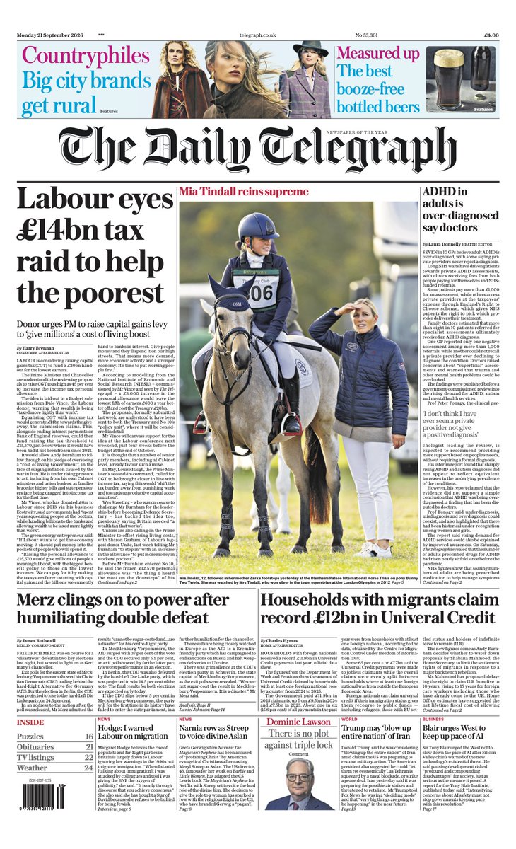 Telegraph's tweet photo. The front page of today’s Daily Telegraph:

‘Labour eyes £14bn tax raid to help the poorest’

#TomorrowsPapersToday https://t.co/FeanWo3cGJ