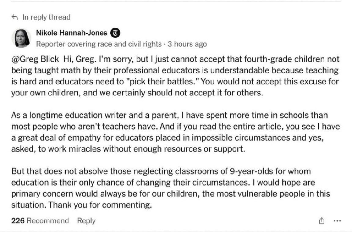JamesSurowiecki's tweet photo. The real takeaway from the Nikole Hannah-Jones article is that teachers and administrators are failing black and Latino kids, and that New York City (and other cities, presumably) has to stop sitting on its hands and take action to meaningfully change this. https://t.co/ibxsX0VT8E