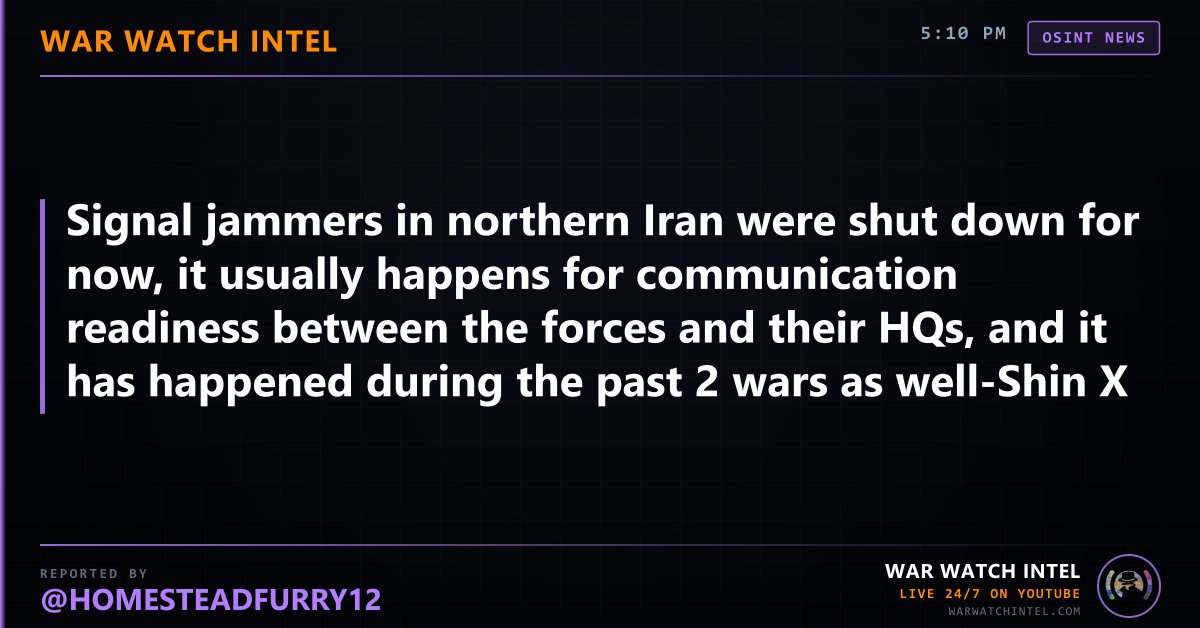 WarWatchIntel's tweet photo. ⚡ BREAKING NEWS
Signal jammers in northern Iran were shut down for now, it usually happens for communication readiness between the forces and their HQs…
Reported by @Homesteadfurry12
War Watch Intel — Live 24/7 on https://t.co/4uI99n9QoP
#OSINT #BreakingNews #WarWatchIntel https://t.co/vhpbZKqzKV