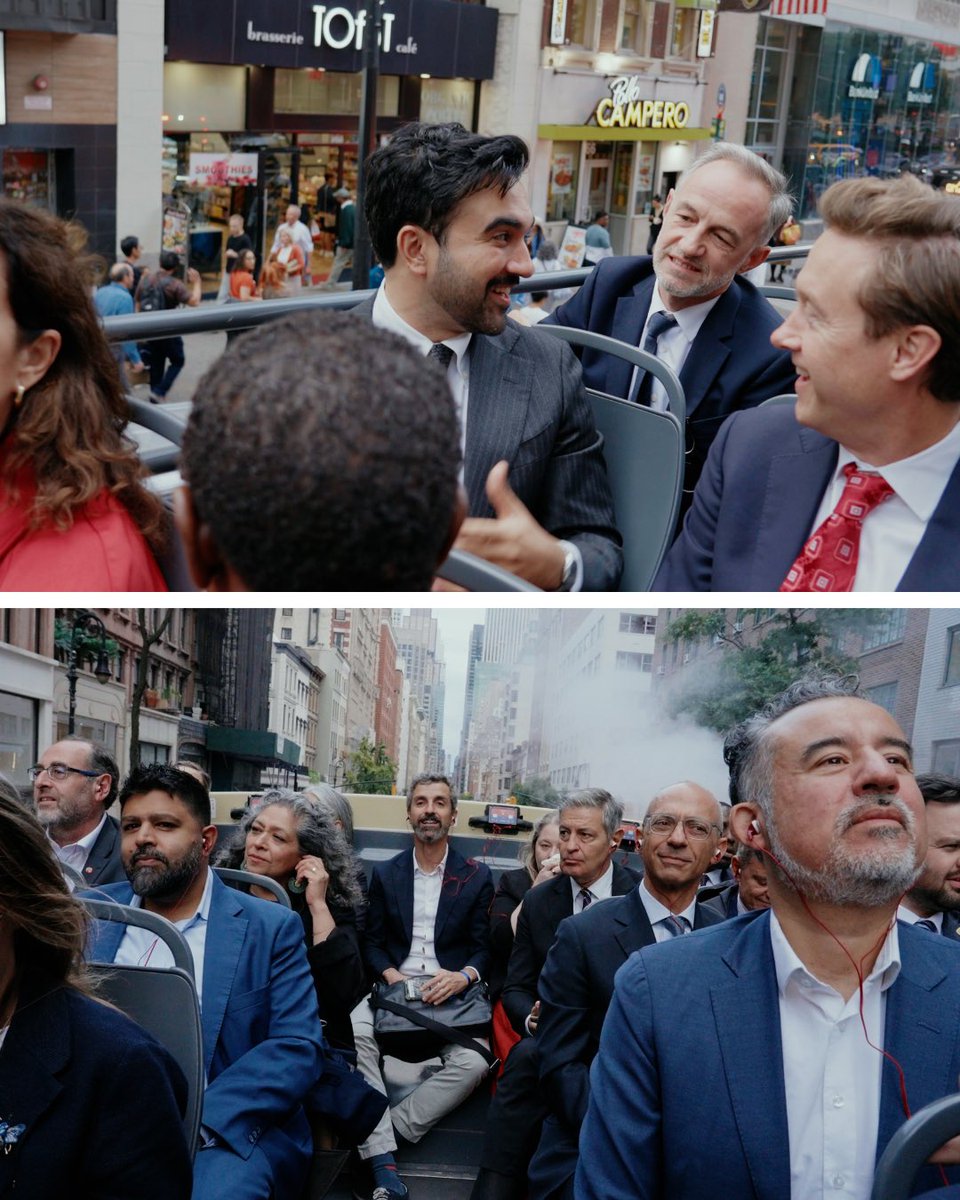 NYCMayor's tweet photo. What better way to show off our city to 50 visiting mayors than from the roof of a double decker bus? https://t.co/fThtdEJasB
