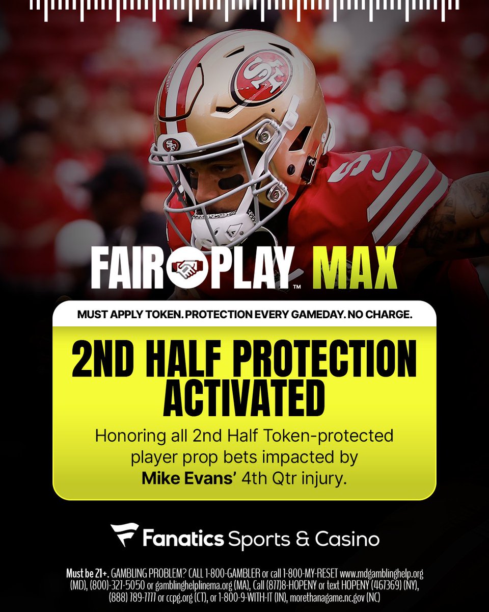 FanaticsSports's tweet photo. Honoring all bets impacted by Mike Evans' injury that applied the 2nd Half Injury Protection token.

We've got all bets covered this time, just make sure to apply your token next time 🤝 https://t.co/rOxVGF2zB2